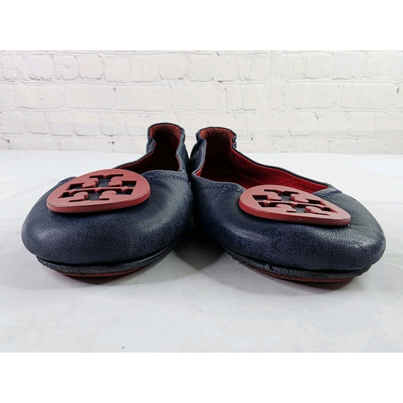 Tory Burch Minnie Travel Ballet Flats Navy Napa leather/ Nantucket Red Size 9.5 - Picture 4 of 7